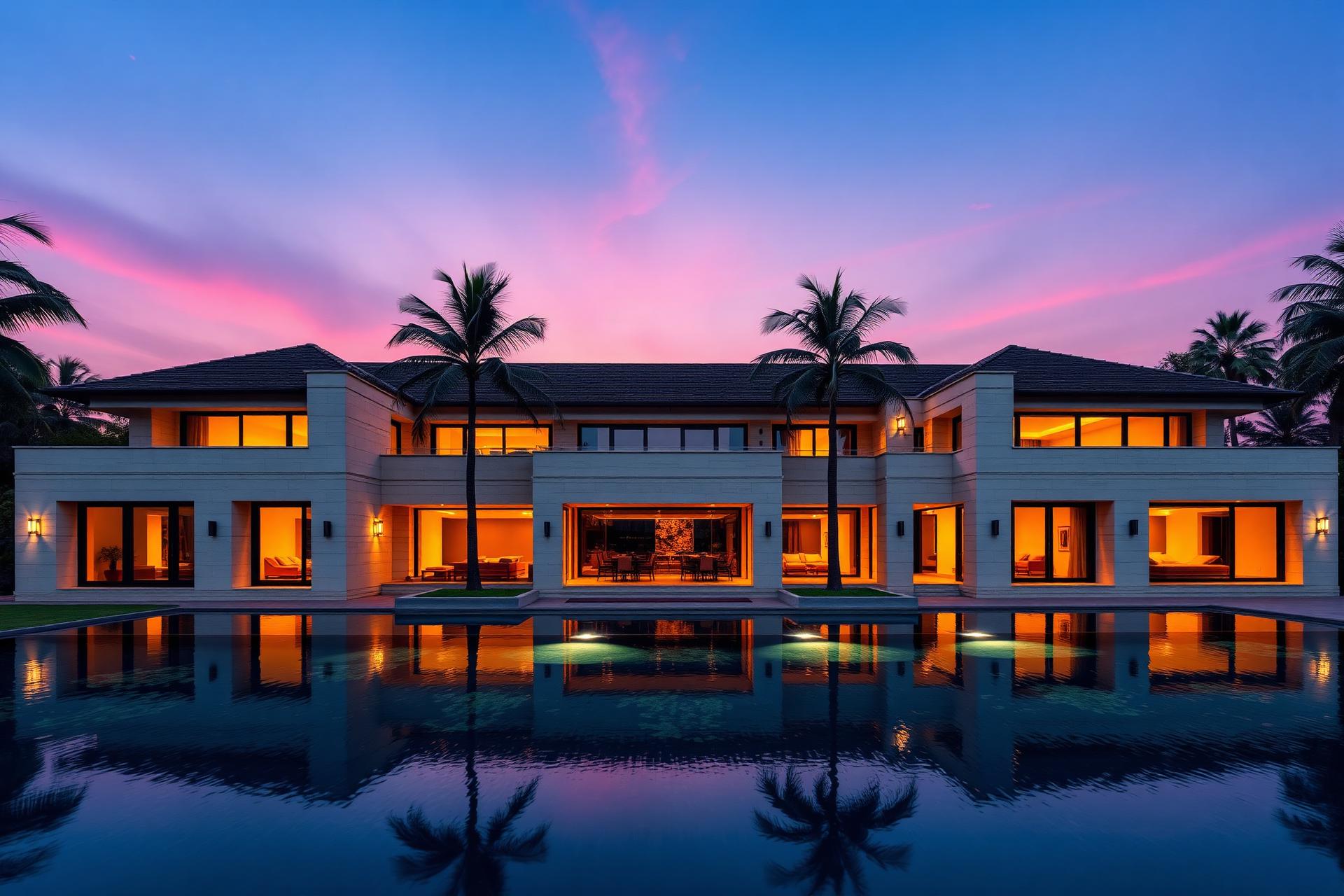 Luxury modern villa with swimming pool at sunset